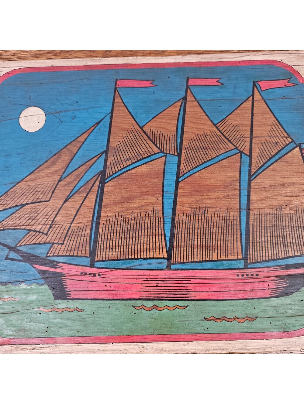Vintage Folk Art Tall Ship Painted Wood Panel Nautical Wall Hanging 16x12 - Picture 3 of 13